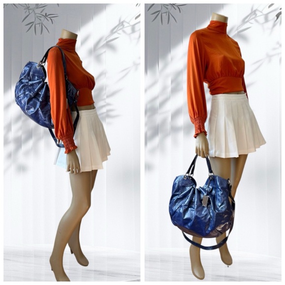 Furla Large patent Leather Shiny Blue Hobo Bag - Picture 3 of 16